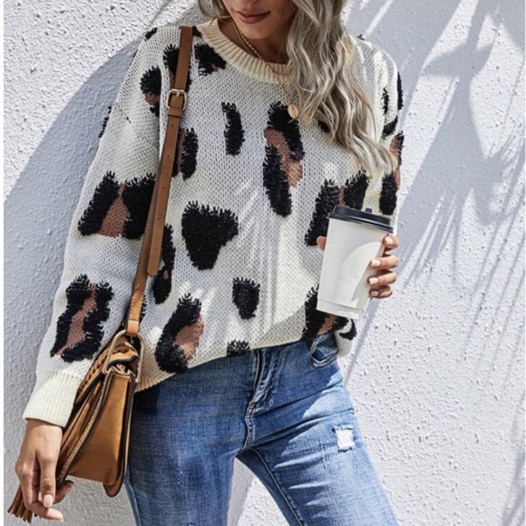Leopard Ivory Drop Shoulder Crew Neck Sweater - Picture 2 of 7